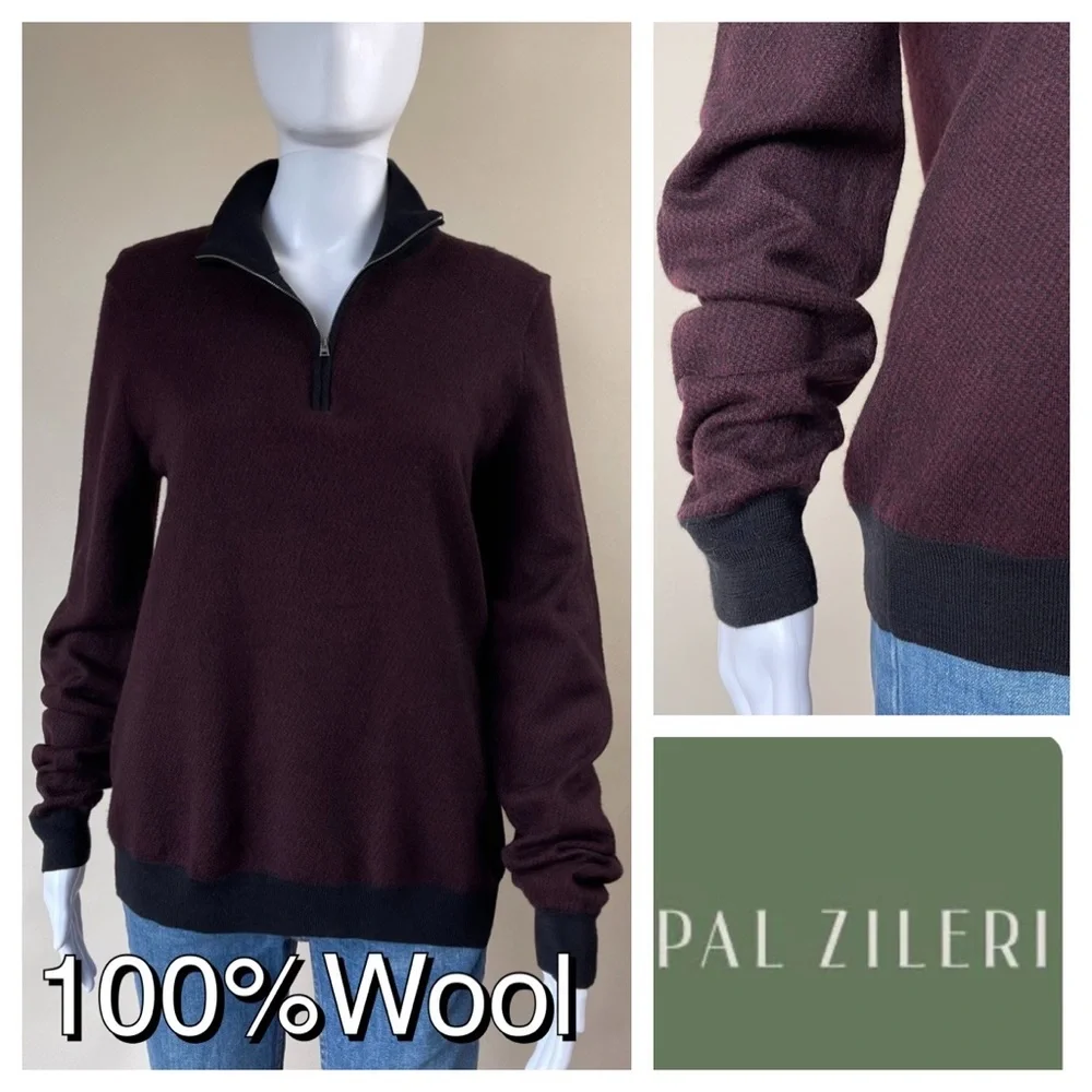 Pal Zileri 100% Lana Wool 1/4 Zip Sweater Burgundy Black